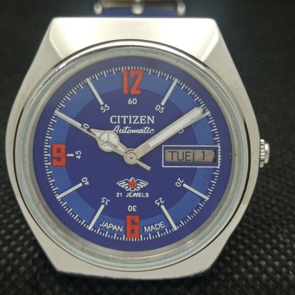 Vintage 1985 Citizen Automatic Mens Silver Watch W/daydate & Blue accents - Picture 4 of 8
